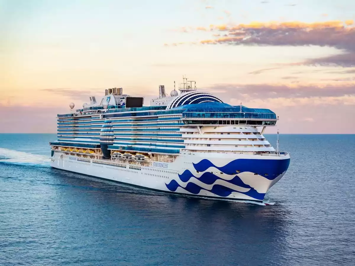 Star Princess sailing at sea beneath a pastel sunset sky.